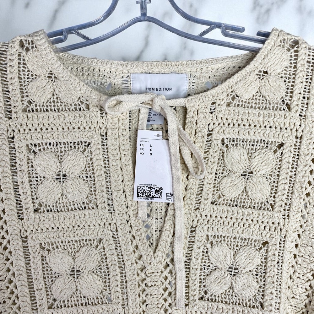 H&M Crochet-Look Tunic Dress Cream Fringe Size Large Summer Edition 2025 Boho - Picture 2 of 15